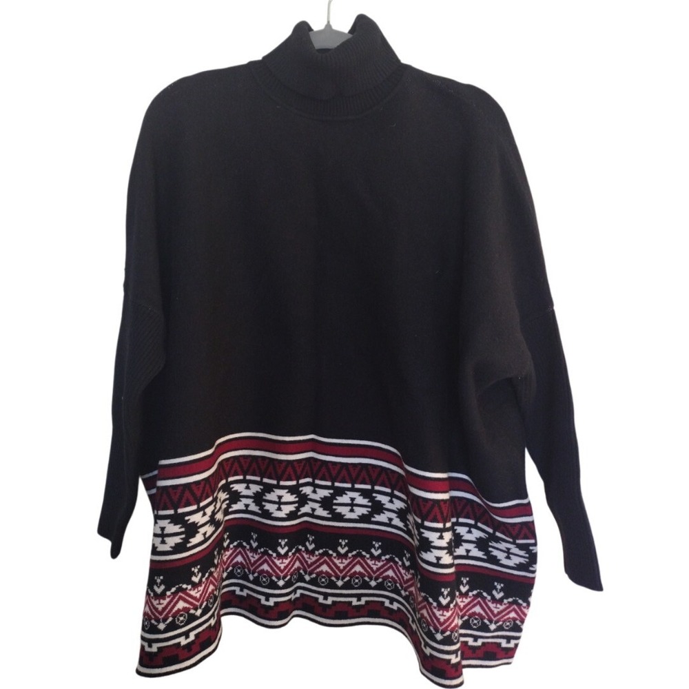 Joseph A Sweater‎ Women Large Black Long Sleeves Turtleneck Tribal Relaxed Fit